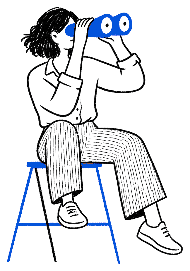Illustration of Naureen sitting on a stool looking through binoculars
